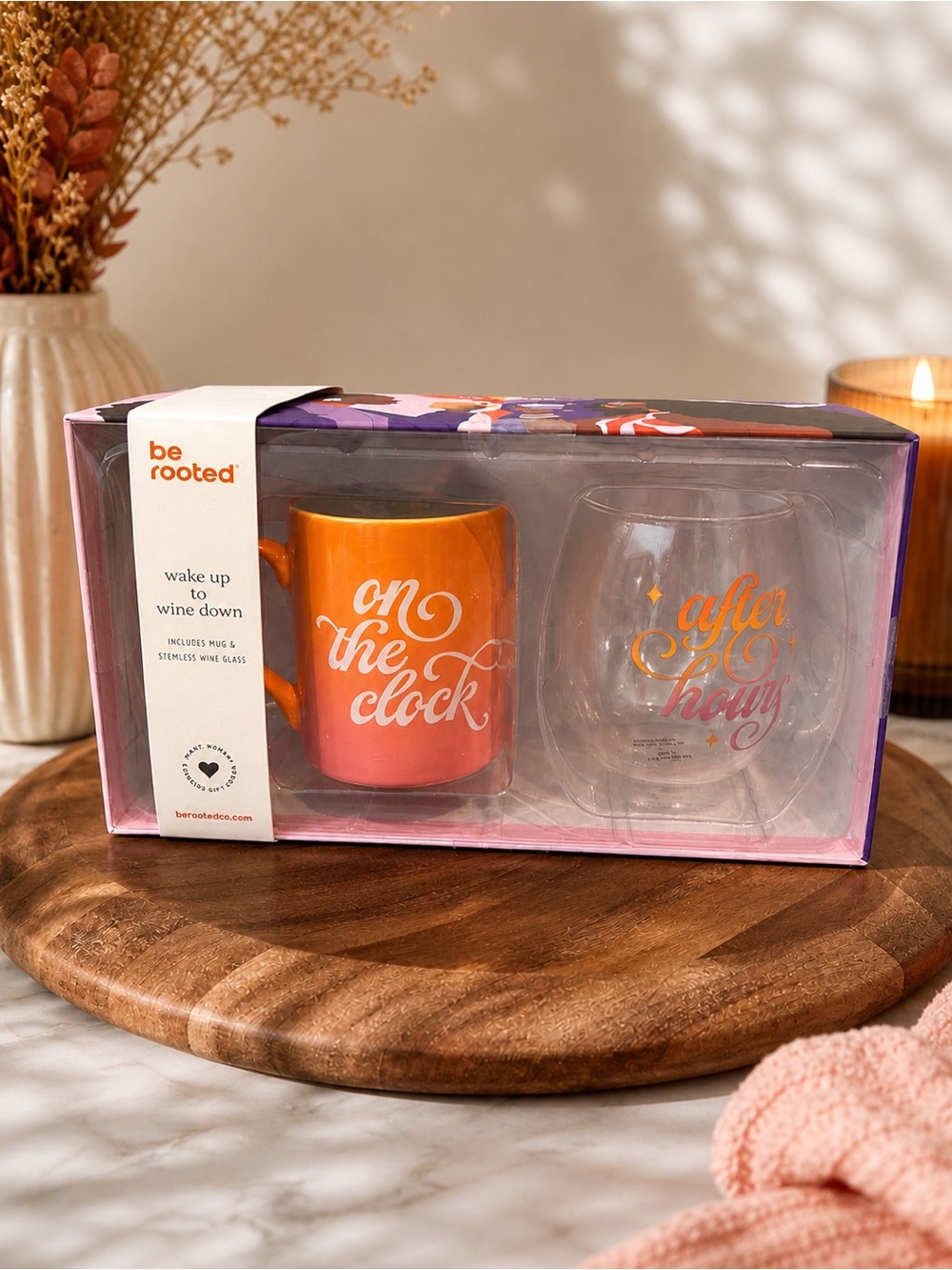 Be Rooted “Wake Up to Wine Down” Mug & Stemless Wine Glass Gift Set NIB